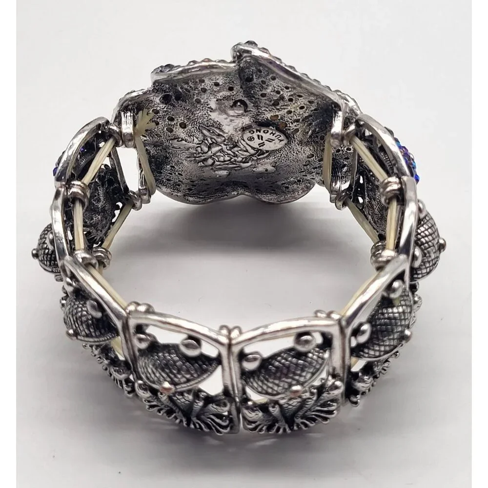 YUHONG Rhinestone Stretch Silver Tone Bracelet FROG Whimsical Bling Fairy Flower - Picture 4 of 12